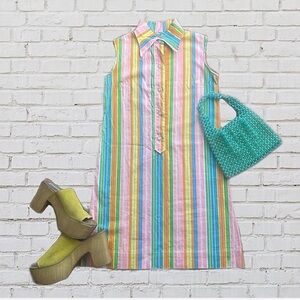 Vintage 1960s handmade striped short sleeve button-up shift dress